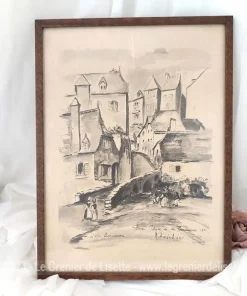 Cadre dessin Place de la Fontaine de Pau copie d&rsquo;après Dandiran