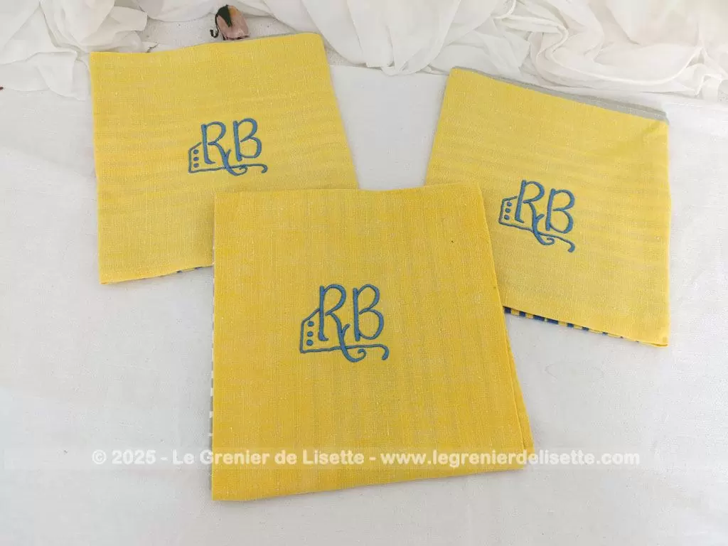 Lot 3 serviettes coton jaune, gris et bleu monogrammes RB – Image 3