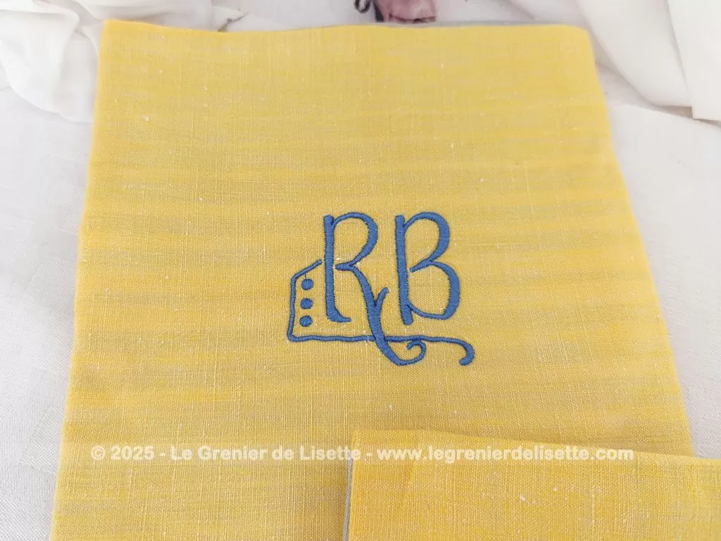 Lot 3 serviettes coton jaune, gris et bleu monogrammes RB – Image 4