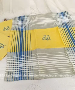 Lot 3 serviettes coton jaune, gris et bleu monogrammes RB