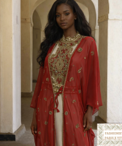 Caftan 2 pièces rouge et blanc orné de cristaux dorés + ceinture ajustable